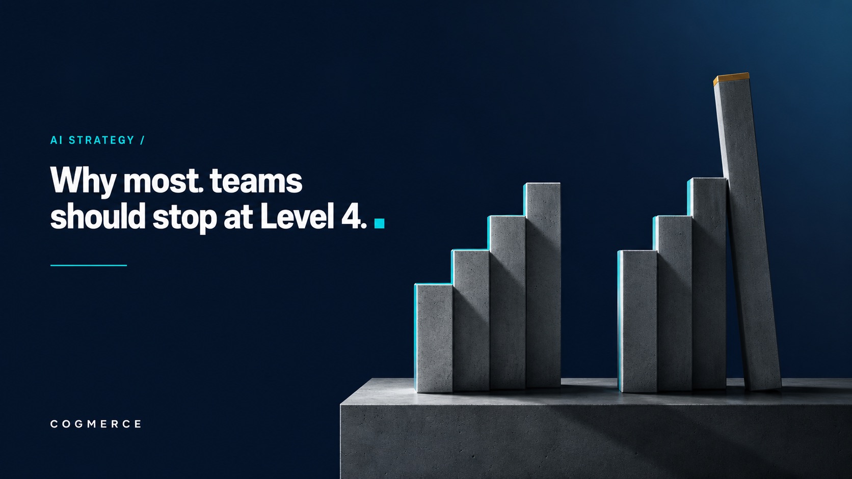 Two ascending concrete column stacks on a dark podium, the right one over-extending to a slim gold-capped fifth column beyond the resolved four-step left stack