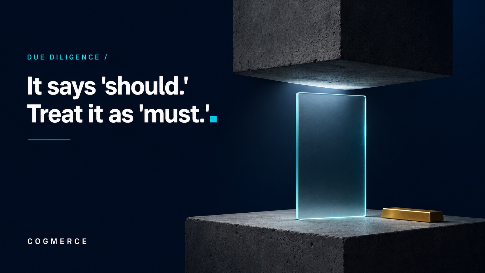 A heavy concrete slab suspended just above a single upright glass tablet on a concrete podium, a thin beam lighting the narrow gap, on deep navy