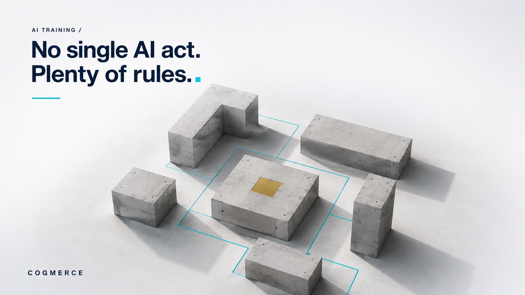 Aerial view of concrete blocks of varying sizes arranged like districts on a pale floor, thin cyan lines tracing the gaps, one block set with a gold inlay