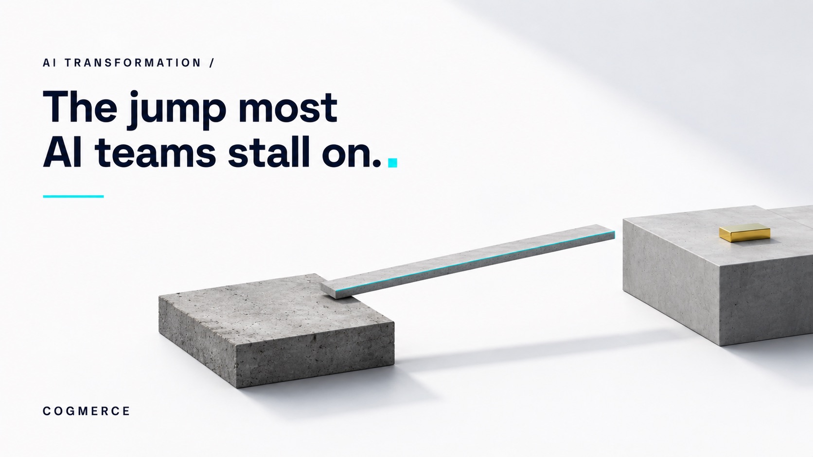 A slender concrete slab cantilevering across a gap from a low rough platform toward a higher precise one holding a gold bar, casting a long shadow on a pale floor