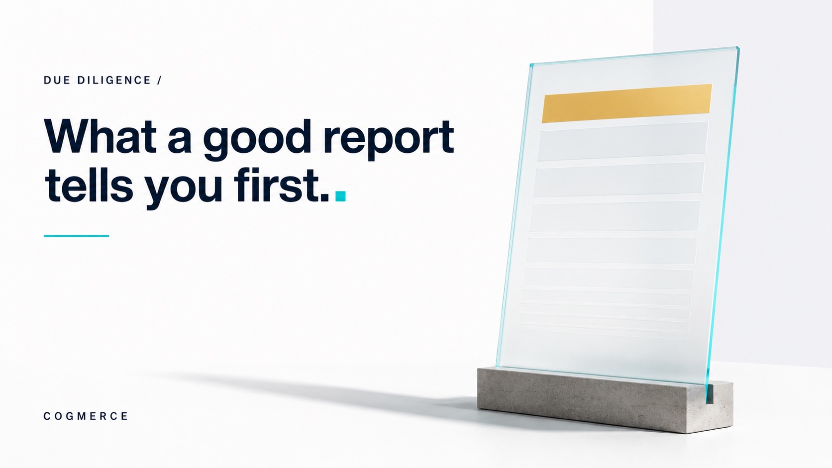 A large frosted glass report sheet propped on a stand, its internal horizontal strata broken by a single gold band near the top