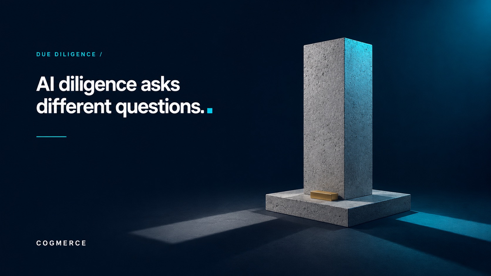 A single raw concrete monolith on a podium struck by two beams, casting two distinctly different shadows across the navy floor, a small gold bar in front