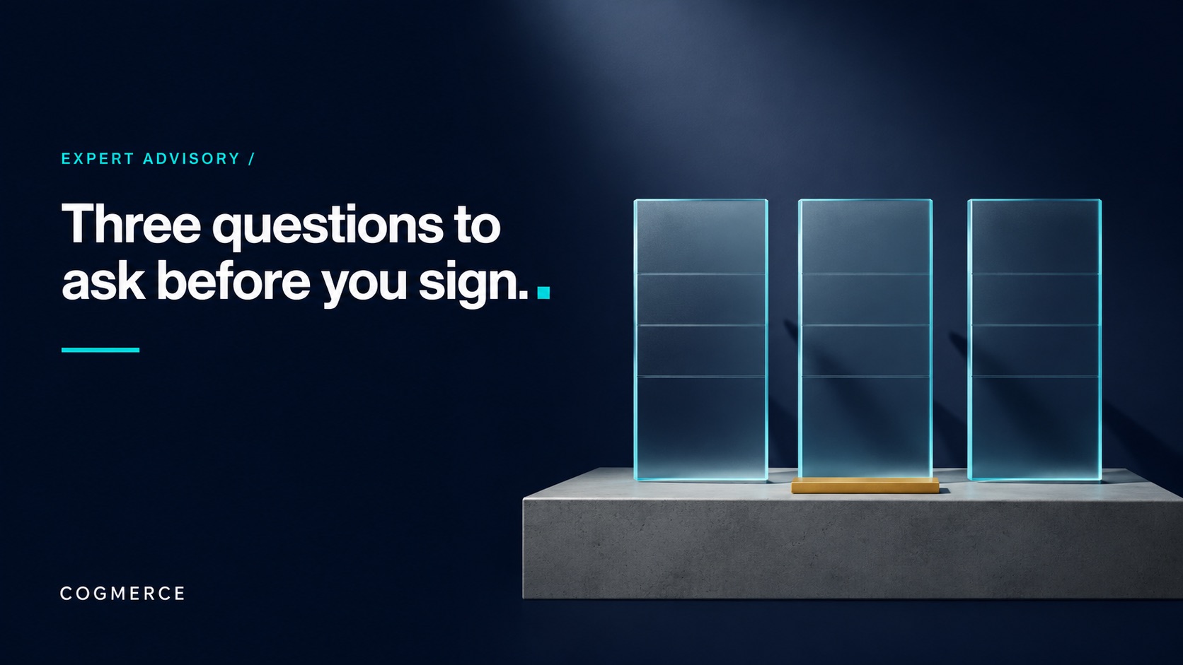 Three equal upright frosted glass panels side by side on a concrete podium, lit by one beam on deep navy