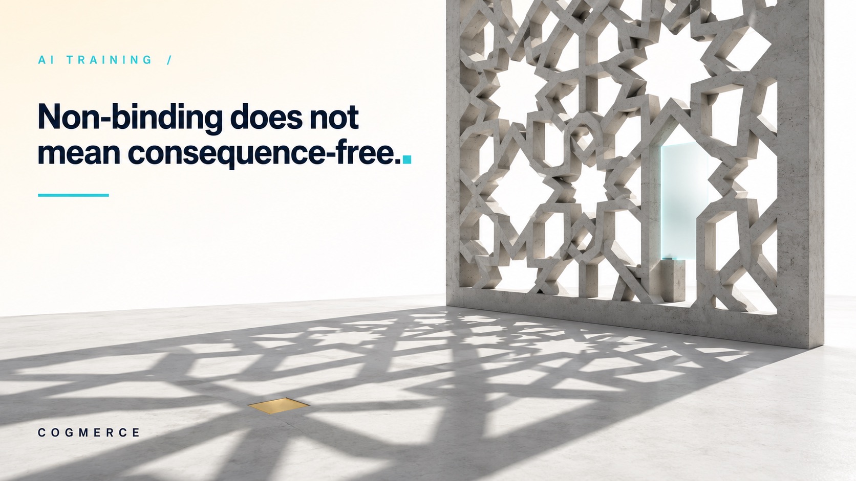 A monumental concrete mashrabiya lattice wall casting an intricate geometric shadow across a pale floor, a single gold inlay where two shadow lines cross