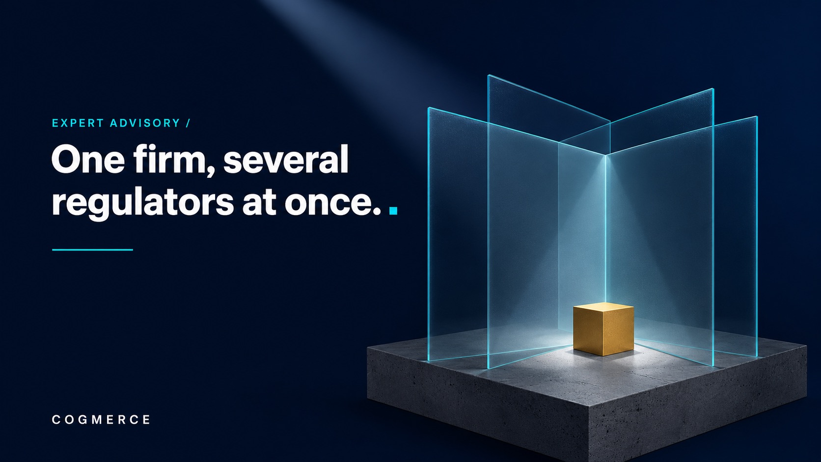 Several overlapping angled frosted glass panels converging over a single small gold cube on a concrete plinth, lit by one beam on deep navy