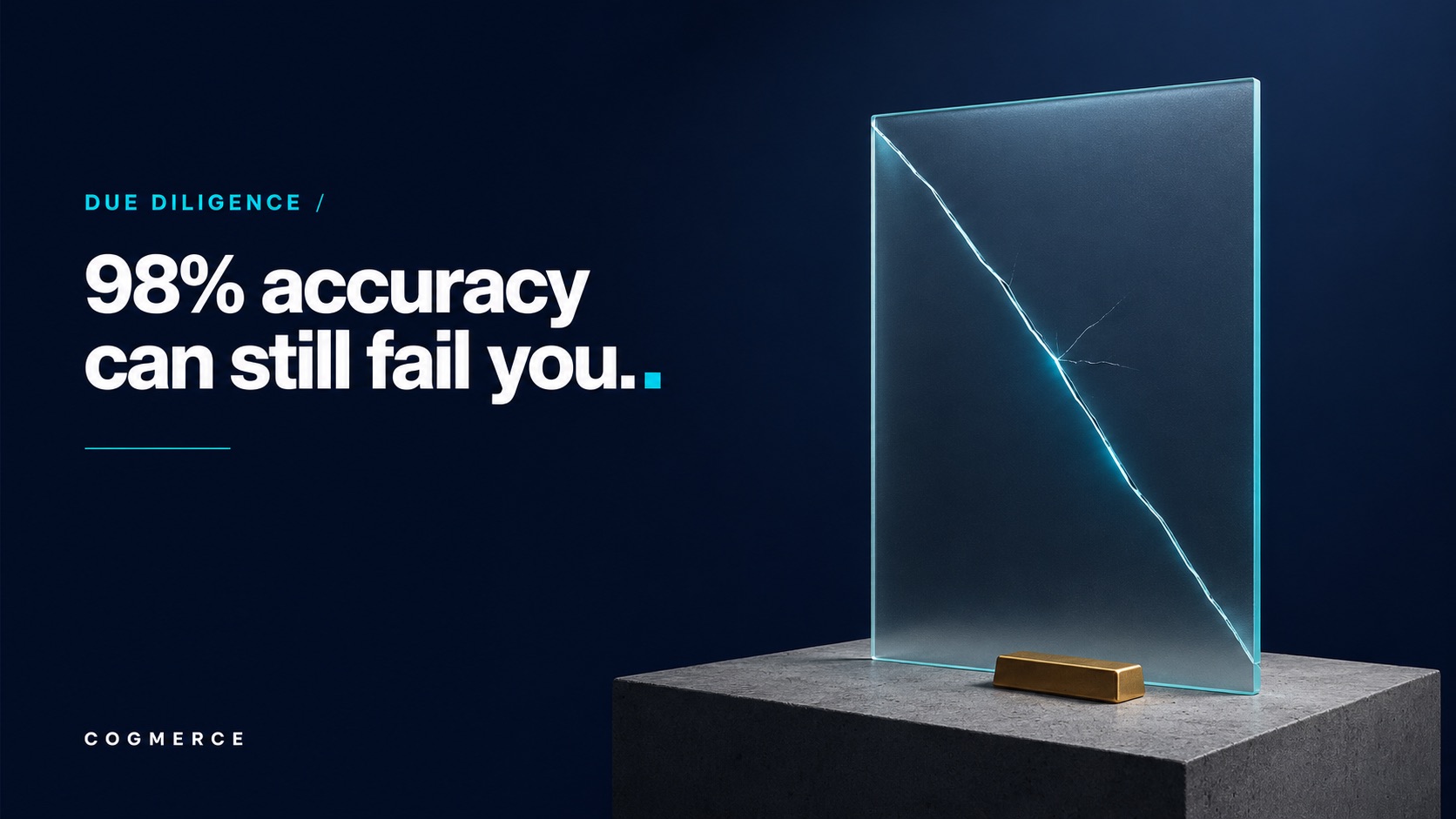 A single upright glass sheet with one clean diagonal fracture, a thin line of cyan light bleeding through the crack, on deep navy