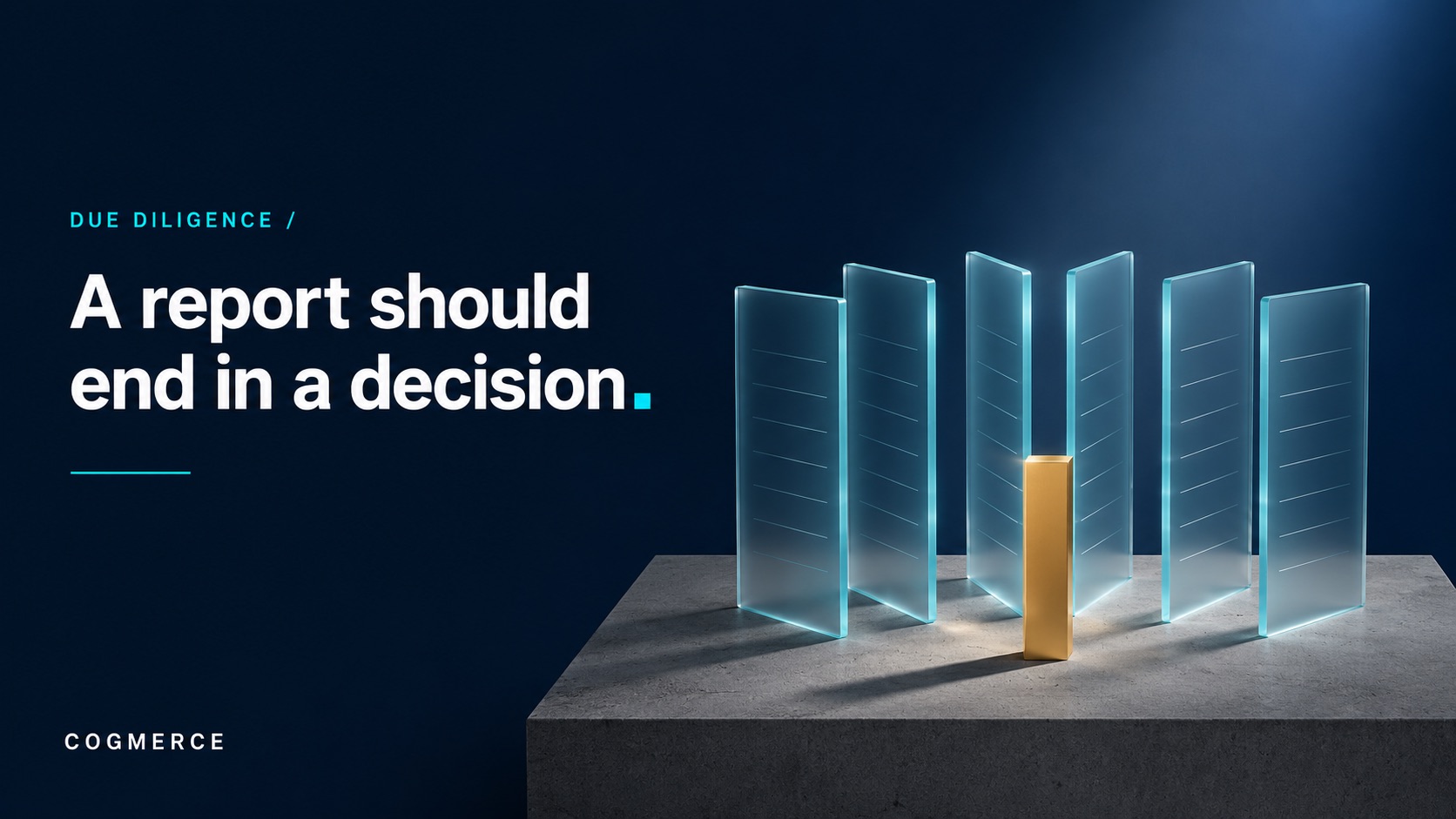 An arc of frosted glass panels fanning out and converging on a single upright gold bar on a concrete podium, lit by one beam on deep navy