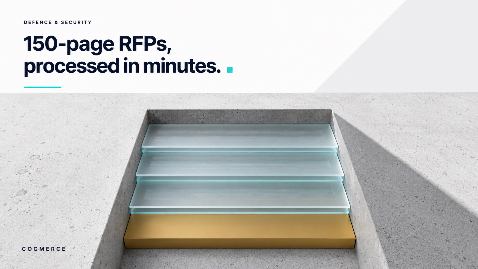 150-page RFPs, processed in minutes — document strata in an excavated concrete cut resolving to a gold summary